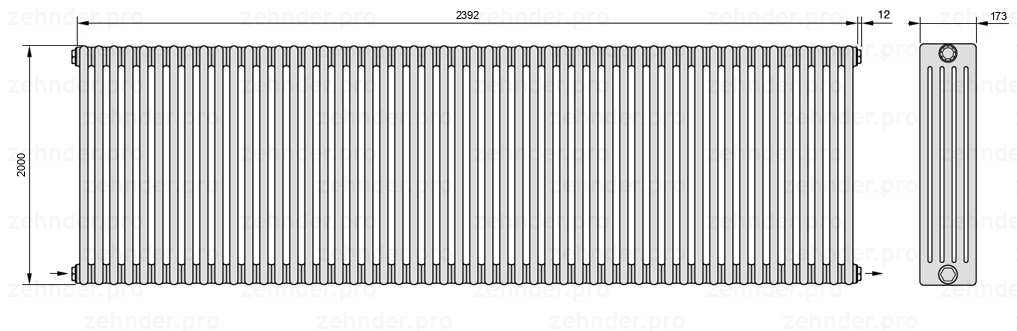 Схема (чертеж) Радиатор Zehnder Charleston 5200/52 №2670 Белый глянцевый RAL 9016